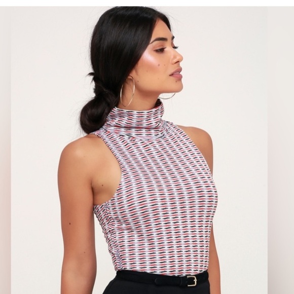 NWOT Free People Little Baby Blue Multi Print Turtleneck Crop Top pinup art deco - Picture 2 of 8